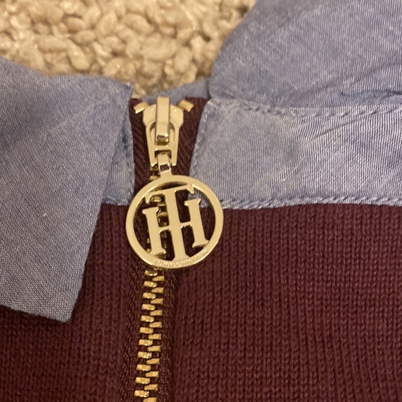 Tommy Hilfiger Sz S Burgundy & Blue Collar & Hem “Faux Double” - Picture 9 of 10